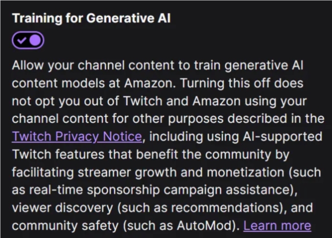 Twitch强制默认开启AI训练计划，社区抵触情绪高涨