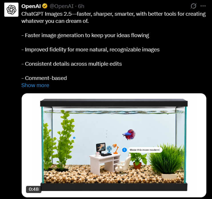 OpenAI 发布 ChatGPT Images 2.5，性能提升并支持草图微调
