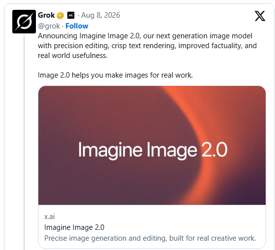 xAI发布Imagine Image 2.0，支持多图融合与智能扩图