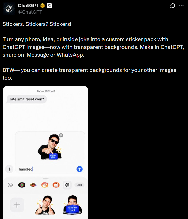ChatGPT 推出自定义贴纸功能，深度融入社交聊天生态