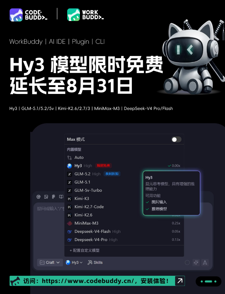 CodeBuddy 与 WorkBuddy 宣布 Hy3 模型限免延期至 8 月底